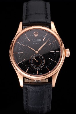 Swiss Rolex Cellini Black Dial Rose Gold Case Black Leather Strap Replica Rolex