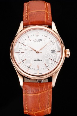 Swiss Rolex Cellini Date White Dial Rose Gold Case Brown Leather Strap Replica Rolex