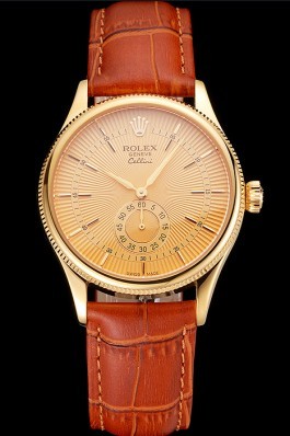 Swiss Rolex Cellini Gold Dial Gold Case Light Brown Leather Strap Replica Rolex