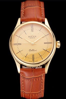 Swiss Rolex Cellini Gold Dial Roman Numerals Gold Case Light Brown Leather Strap Replica Rolex