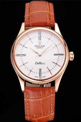 Swiss Rolex Cellini White Dial Roman Numerals Rose Gold Case Light Brown Leather Strap Replica Rolex
