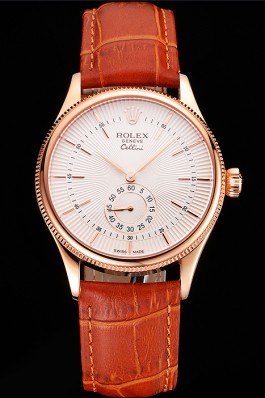 Swiss Rolex Cellini White Dial Rose Gold Case Light Brown Leather Strap Replica Rolex