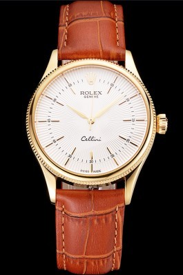 Swiss Rolex Cellini White Guilloche Dial Gold Case Light Brown Leather Strap Replica Rolex