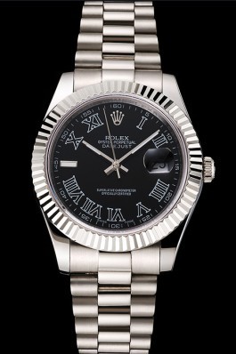 Swiss Rolex Datejust Black Dial Roman Numerals Stainless Steel Case And Bracelet Replica Rolex Datejust