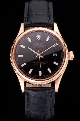 Swiss Rolex Datejust Black Dial Rose Gold Case Black Leather Strap Replica Rolex Datejust