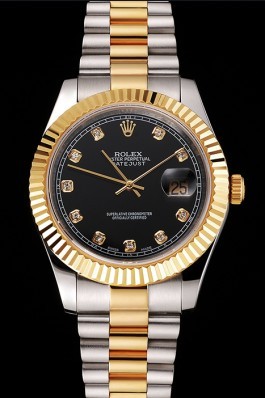 Swiss Rolex Datejust Black Dial Stainless Steel Case Gold Bezel Two Tone Bracelet Replica Rolex Datejust