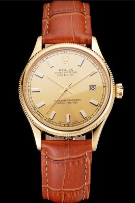 Swiss Rolex Datejust Gold Dial Gold Case Light Brown Leather Strap Replica Rolex Datejust