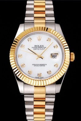 Swiss Rolex Datejust White Dial Diamond Hour Marks Gold Bezel Stainless Steel Case Two Tone Bracelet Replica Rolex Datejust