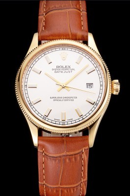 Swiss Rolex Datejust White Dial Gold Case Light Brown Leather Strap Replica Rolex Datejust