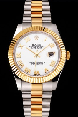 Swiss Rolex Datejust White Dial Roman Numerals Gold Bezel Stainless Steel Case Two Tone Bracelet Replica Rolex Datejust