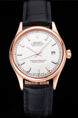 Swiss Rolex Datejust White Dial Rose Gold Case Black Leather Strap Replica Rolex Datejust