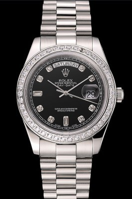 Swiss Rolex Day-Date Black Dial Diamond Case Diamond Numerals Stainless Steel Bracelet 1453966 Rolex Replica Aaa