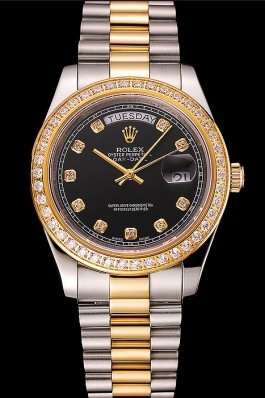 Swiss Rolex Day-Date Black Dial Gold Diamond Case Two Tone Stainless Steel Bracelet 1453975 Rolex Replica Aaa