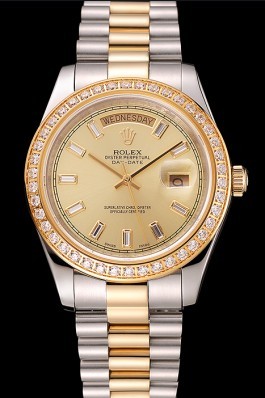 Swiss Rolex Day-Date Champagne Dial Diamond Bezel Two Tone Bracelet 1454103 Rolex Replica Aaa