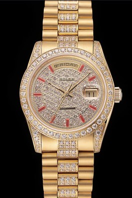 Swiss Rolex Day-Date Red Diamond Pave Dial Gold Diamond Bracelet 1453960 Rolex Replica Aaa