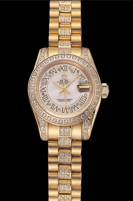 Swiss Rolex DayJust Diamond Pave White Dial Gold Diamond Bracelet 1453957 Replica Rolex Datejust