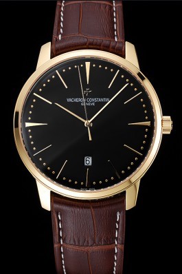 Swiss Vacheron Constantin Patrimony Black Dial Gold Case Brown Leather Bracelet 1454179 Replica Vacheron Constantin