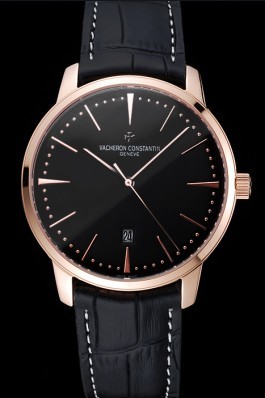 Swiss Vacheron Constantin Patrimony Black Dial Rose Gold Case Black Leather Bracelet 1454168 Replica Vacheron Constantin