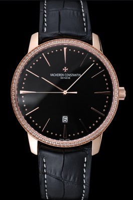 Swiss Vacheron Constantin Patrimony Black Dial Rose Gold Diamonds Case Black Leather Bracelet 1454175 Replica Vacheron Constantin