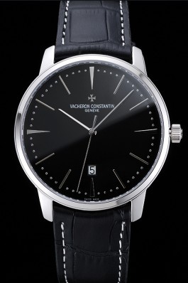 Swiss Vacheron Constantin Patrimony Black Dial Silver Case Black Leather Bracelet 1454156 Replica Vacheron Constantin