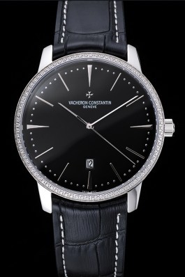 Swiss Vacheron Constantin Patrimony Black Dial Silver Diamonds Case Black Leather Bracelet 1454164 Replica Vacheron Constantin