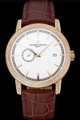 Swiss Vacheron Constantin Patrimony Contemporaine Gold Diamond Case White Dial Brown Leather Bracelet 622686 Replica Vacheron Constantin