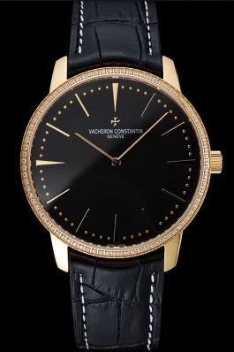 Swiss Vacheron Constantin Patrimony Grand Taille Black Dial Gold Diamond Case Black Leather Bracelet 1454183 Replica Vacheron Constantin