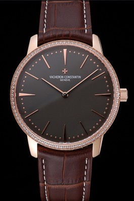 Swiss Vacheron Constantin Patrimony Grand Taille Grey Dial Rose Gold Diamonds Case Brown Leather Bracelet 1454172 Replica Vacheron Constantin