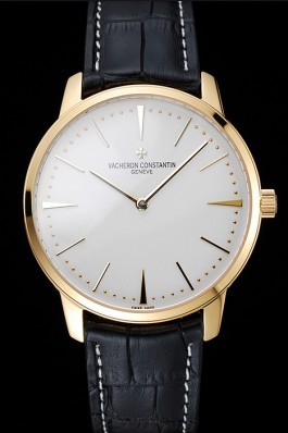 Swiss Vacheron Constantin Patrimony Grand Taille White Dial Gold Case Black Leather Bracelet 1454176 Replica Vacheron Constantin