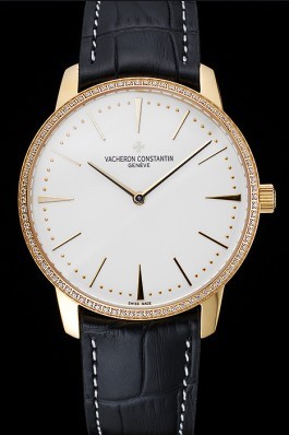 Swiss Vacheron Constantin Patrimony Grand Taille White Dial Gold Diamond Case Black Leather Bracelet 1454181 Replica Vacheron Constantin
