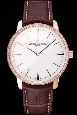 Swiss Vacheron Constantin Patrimony Grand Taille White Dial Rose Gold Diamonds Case Brown Leather Bracelet 1454171 Replica Vacheron Constantin