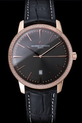 Swiss Vacheron Constantin Patrimony Grey Dial Gold Diamonds Case Black Leather Bracelet 1454173 Replica Vacheron Constantin