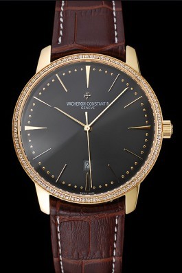Swiss Vacheron Constantin Patrimony Grey Dial Gold Diamonds Case Brown Leather Bracelet 1454182 Replica Vacheron Constantin