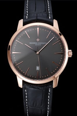 Swiss Vacheron Constantin Patrimony Grey Dial Rose Gold Case Black Leather Bracelet 1454167 Replica Vacheron Constantin