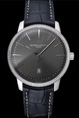 Swiss Vacheron Constantin Patrimony Grey Dial Silver Diamonds Case Black Leather Bracelet 1454163 Replica Vacheron Constantin