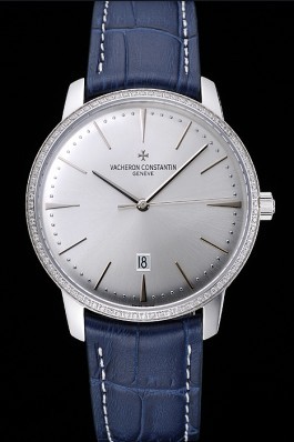 Swiss Vacheron Constantin Patrimony Silver Dial Silver Diamonds Case Blue Leather Bracelet 1454161 Replica Vacheron Constantin