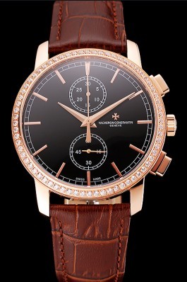 Swiss Vacheron Constantin Patrimony Traditionnelle Chronograph Black Dial Diamond Bezel Rose Gold Case Brown Leather Strap 1453765 Replica Vacheron Constantin