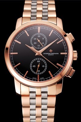 Swiss Vacheron Constantin Patrimony Traditionnelle Chronograph Black Dial Rose Gold Case Two Tone Bracelet 1453758 Replica Vacheron Constantin