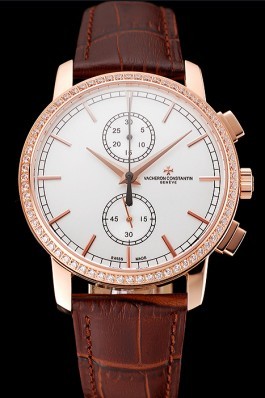 Swiss Vacheron Constantin Patrimony Traditionnelle Chronograph White Dial Diamond Bezel Rose Gold Case Brown Leather Strap 1453764 Replica Vacheron Constantin