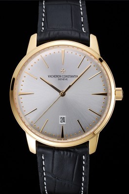 Swiss Vacheron Constantin Patrimony White Dial Gold Case Black Leather Bracelet 1454177 Replica Vacheron Constantin