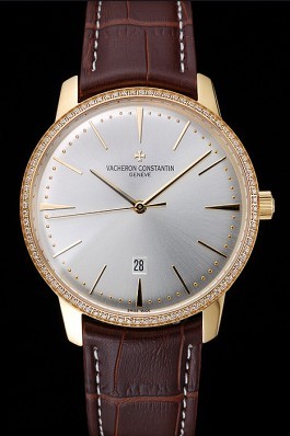 Swiss Vacheron Constantin Patrimony White Dial Gold Diamond Case Brown Leather Bracelet 1454180 Replica Vacheron Constantin