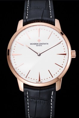 Swiss Vacheron Constantin Patrimony White Dial Rose Gold Case Black Leather Bracelet 1454165 Replica Vacheron Constantin