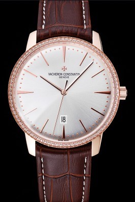 Swiss Vacheron Constantin Patrimony White Dial Rose Gold Diamonds Case Brown Leather Bracelet 1454170 Replica Vacheron Constantin
