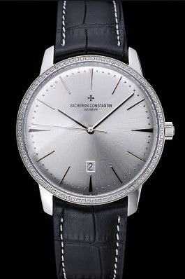 Swiss Vacheron Constantin Patrimony White Dial Silver Diamonds Case Black Leather Bracelet 1454162 Replica Vacheron Constantin