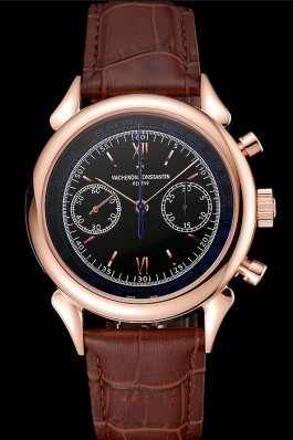 Swiss Vacheron Constantin Traditionnelle Chronograph Black Dial Gold Case Brown Leather Bracelet 1453995 Replica Vacheron Constantin