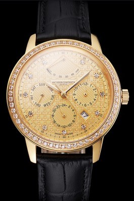 Swiss Vacheron Constantin Traditionnelle Power Reserve Gold Dial And Case Diamond Bezel Black Leather Strap Replica Vacheron Constantin