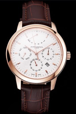 Swiss Vacheron Constantin Traditionnelle Power Reserve White Dial Rose Gold Case Brown Leather Strap Replica Vacheron Constantin