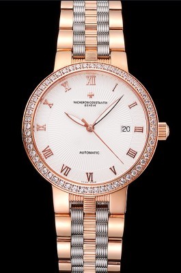 Swiss Vacheron Constantin Traditionnelle White Dial Diamond Bezel Rose Gold Case Two Tone Bracelet Replica Vacheron Constantin