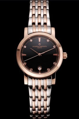 Vacheron Constantin Fine Black Dial With Diamonds Rose Gold Case Two Tone Bracelet Replica Vacheron Constantin