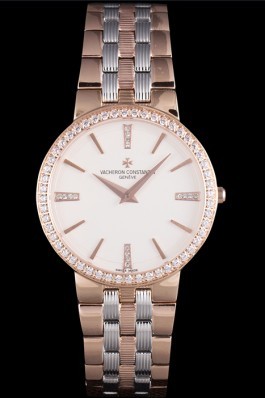 Vacheron Constantin Patrimony Traditionnelle White Dial Rose Gold Diamond Case Two Tone Bracelet  Replica Vacheron Constantin